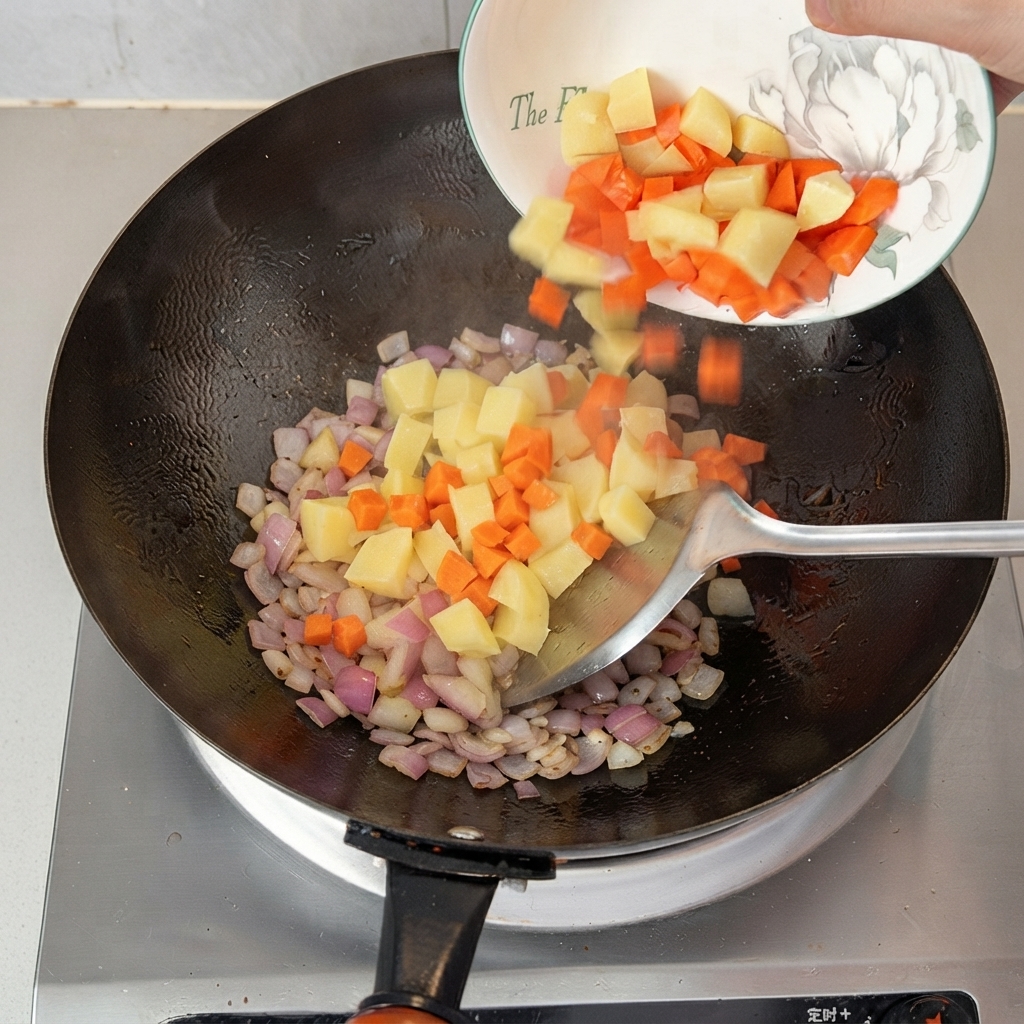 Gewürfelte Kartoffeln und Karotten werden aus einer weißen Schüssel in einen Wok mit gekochten Zwiebeln gefüllt.
