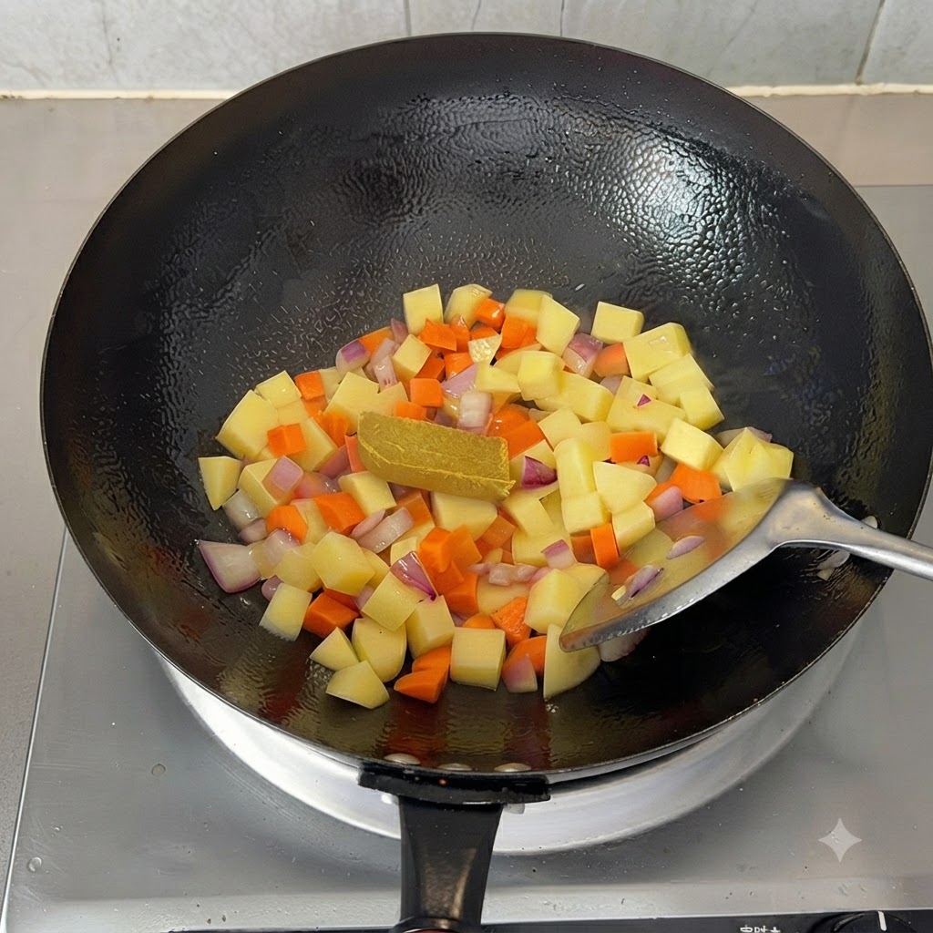 Ein gelber Curry-Würfel liegt auf gewürfelten Kartoffeln, Karotten und Zwiebeln in einem Wok.