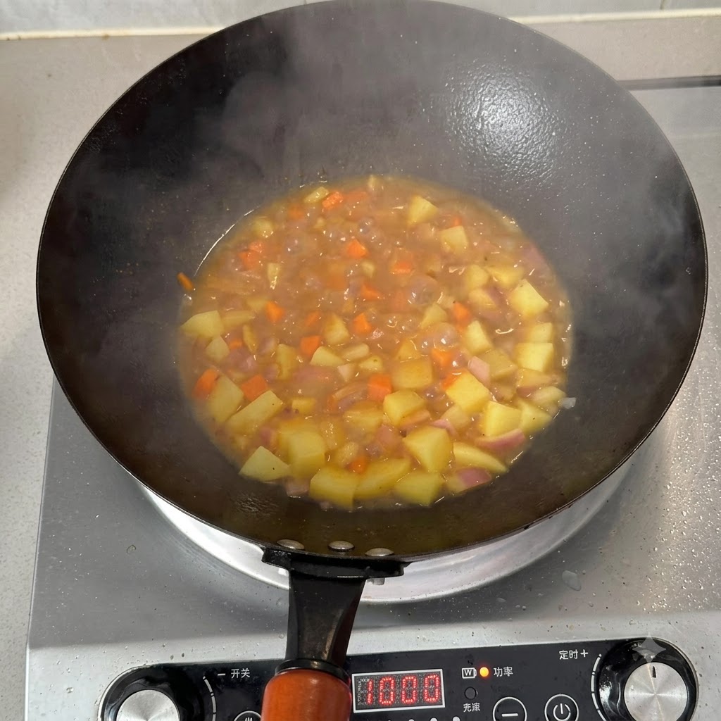 Eine blasende Currysauce mit Kartoffeln und Karotten köchelt in einem Wok auf einem Induktionskochfeld.