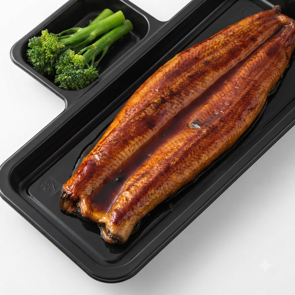 Abgepackter gerösteter Aal wird auf einem Tablett mit einer Küchenschere in kleinere Portionsstücke geschnitten.