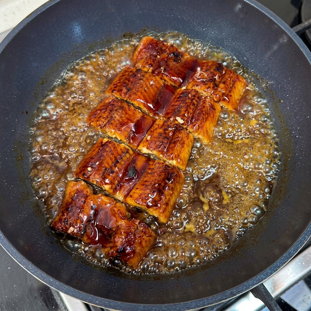 Erwärmte Aalscheiben, angeordnet auf einer Eier-Reis-Bowl, während herzhafte Sauce darüber gegossen wird.