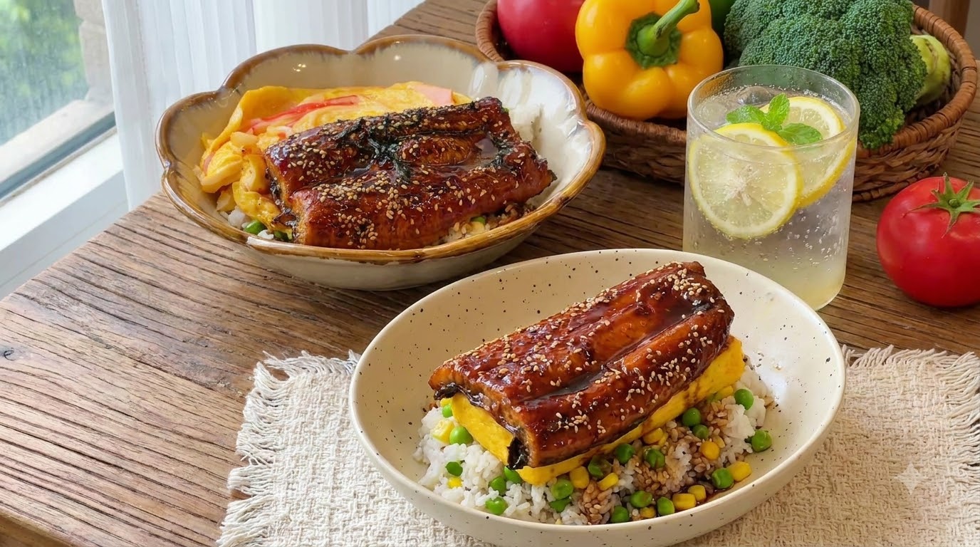 Tamagoyaki und Kabayaki Aal Reisschüssel mit Mais und grünen Erbsen