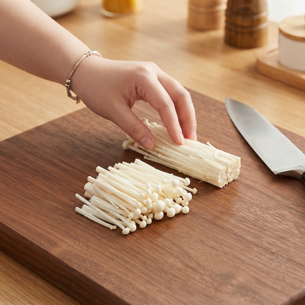 Enoki-Pilze werden auf einem Holzschneidebrett beschnitten und in kleine Abschnitte getrennt.