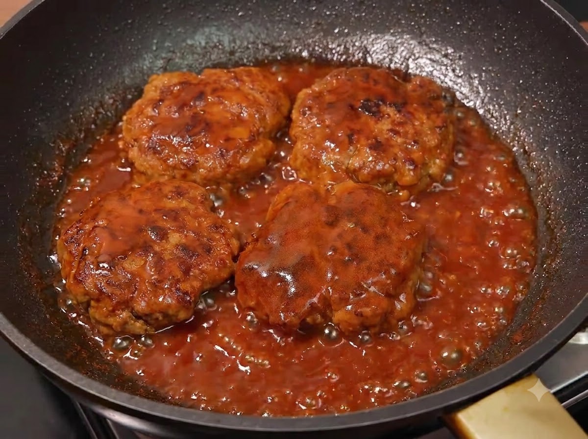 Vier gebratene Fleisch-Patties köcheln in einer blubbernden roten Soße in einer Bratpfanne.