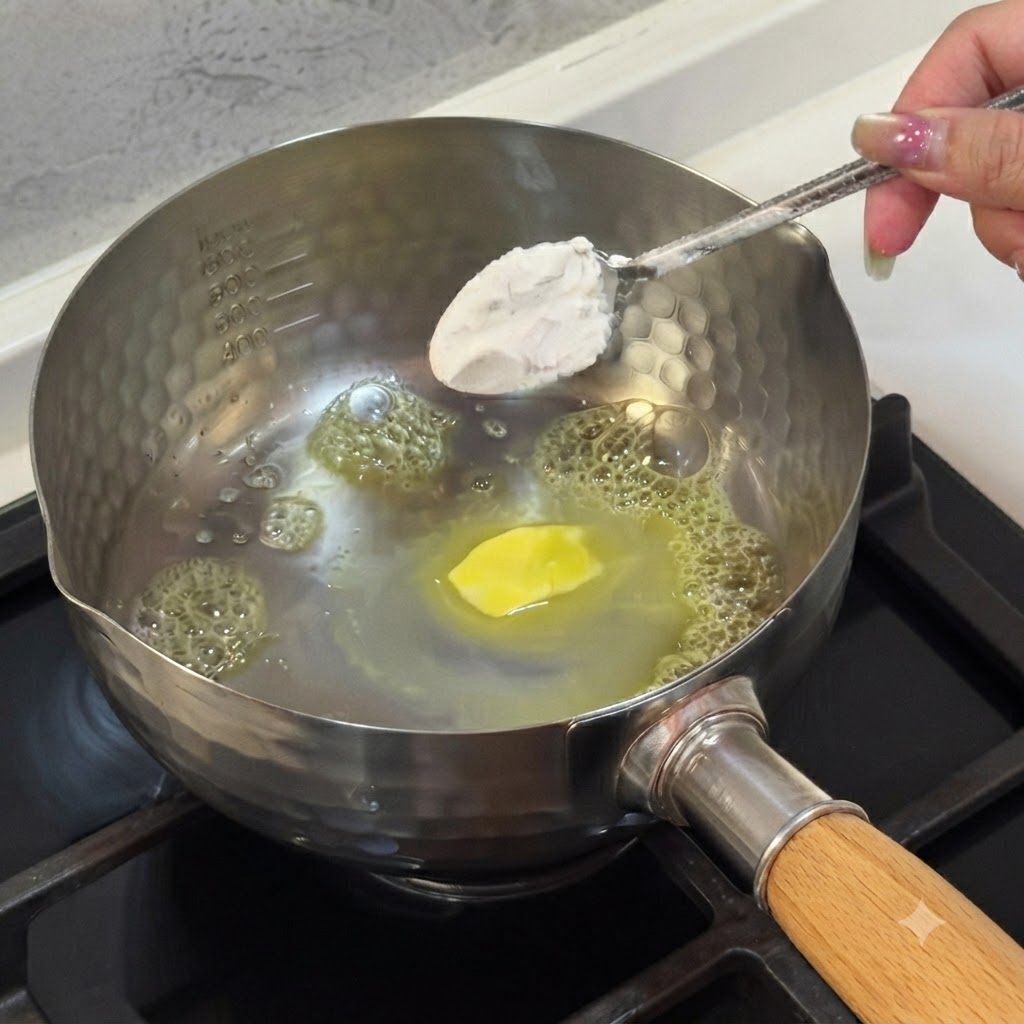 Butter und Mehl werden in einem Stahltopf auf einer Herdplatte vermischt.