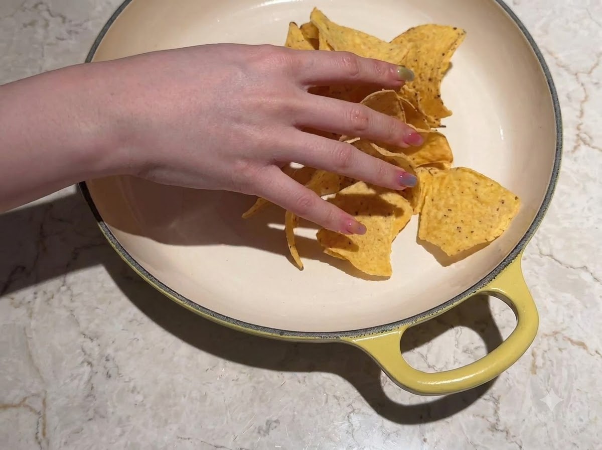 Mais-Tortilla-Chips werden von Hand in einer runden Backform angeordnet.