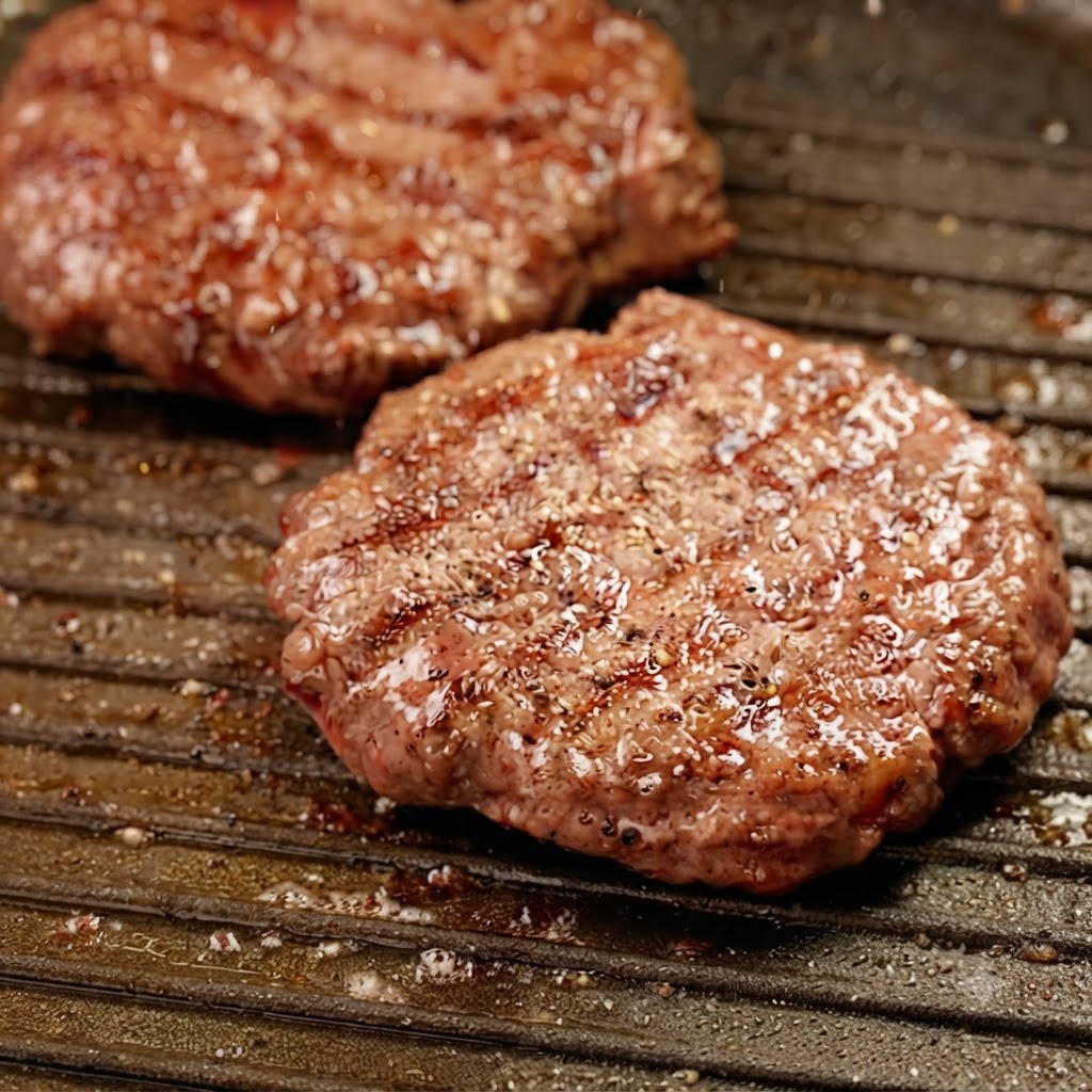 Nahaufnahme saftiger Rindfleisch-Patties, die in einer Grillpfanne brutzeln und mit Pfeffer gewürzt sind.