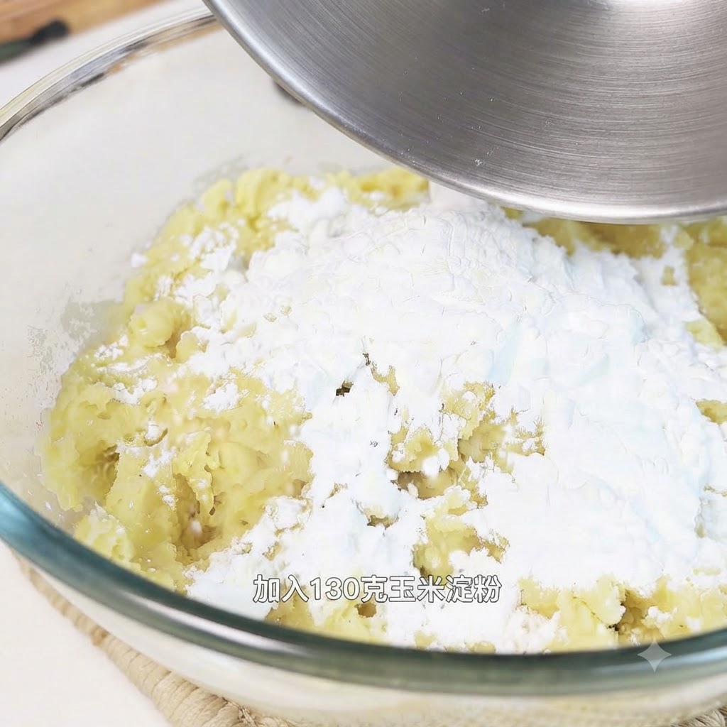 Maisstärke wird über die Kartoffelmasse in einer Glasschüssel gegeben, bereit zum von Hand verkneten.