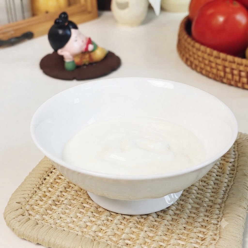 Naturjoghurt vermischt mit Honig-Senf, Meersalz und schwarzem Pfeffer in einer weißen Schüssel, gerührt mit einem Löffel.