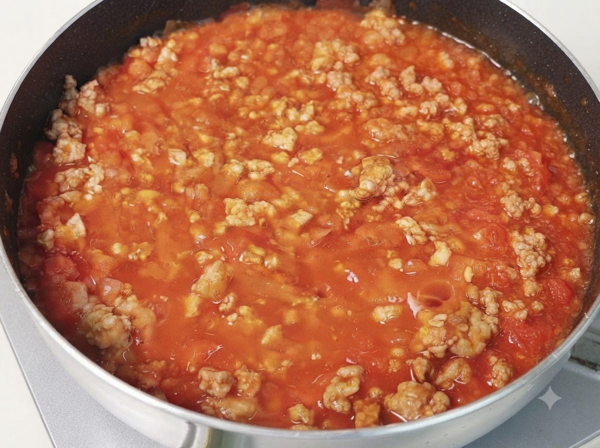 Eine Pfanne mit dicker, köchelnder Tomaten-Fleisch-Sauce auf dem Herd.
