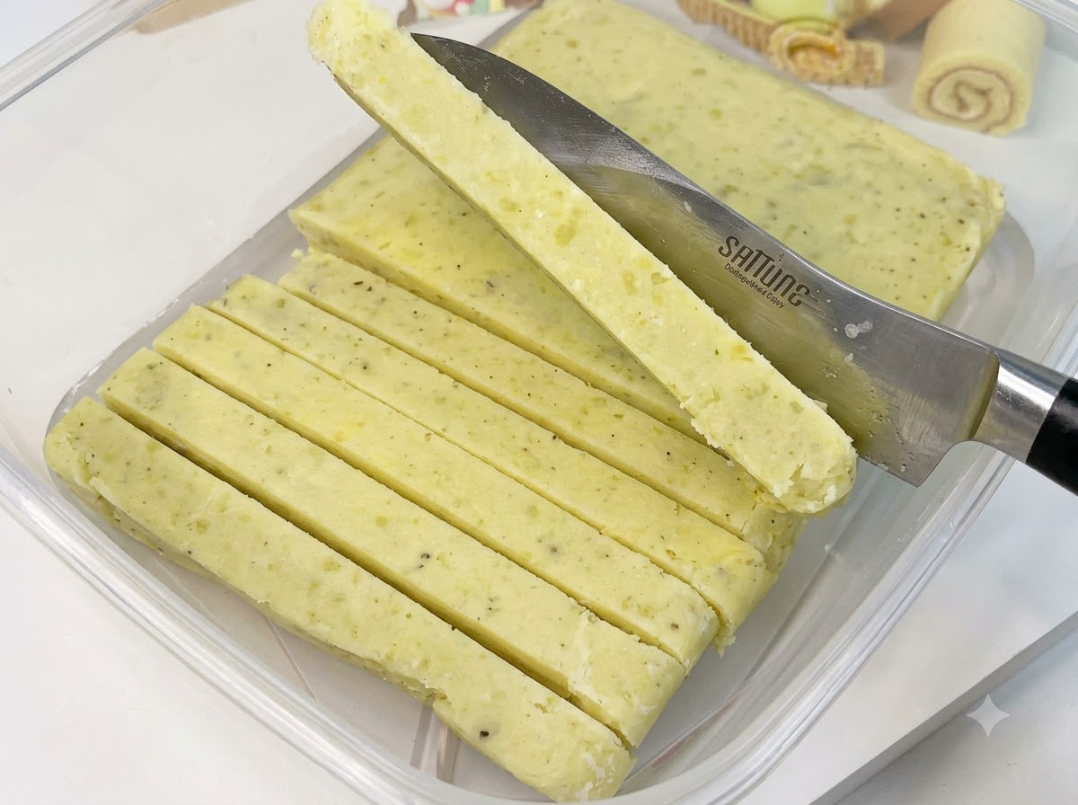 Kartoffelstreifen werden in heißes Speiseöl in einer Fritteuse oder Pfanne hinabgelassen.