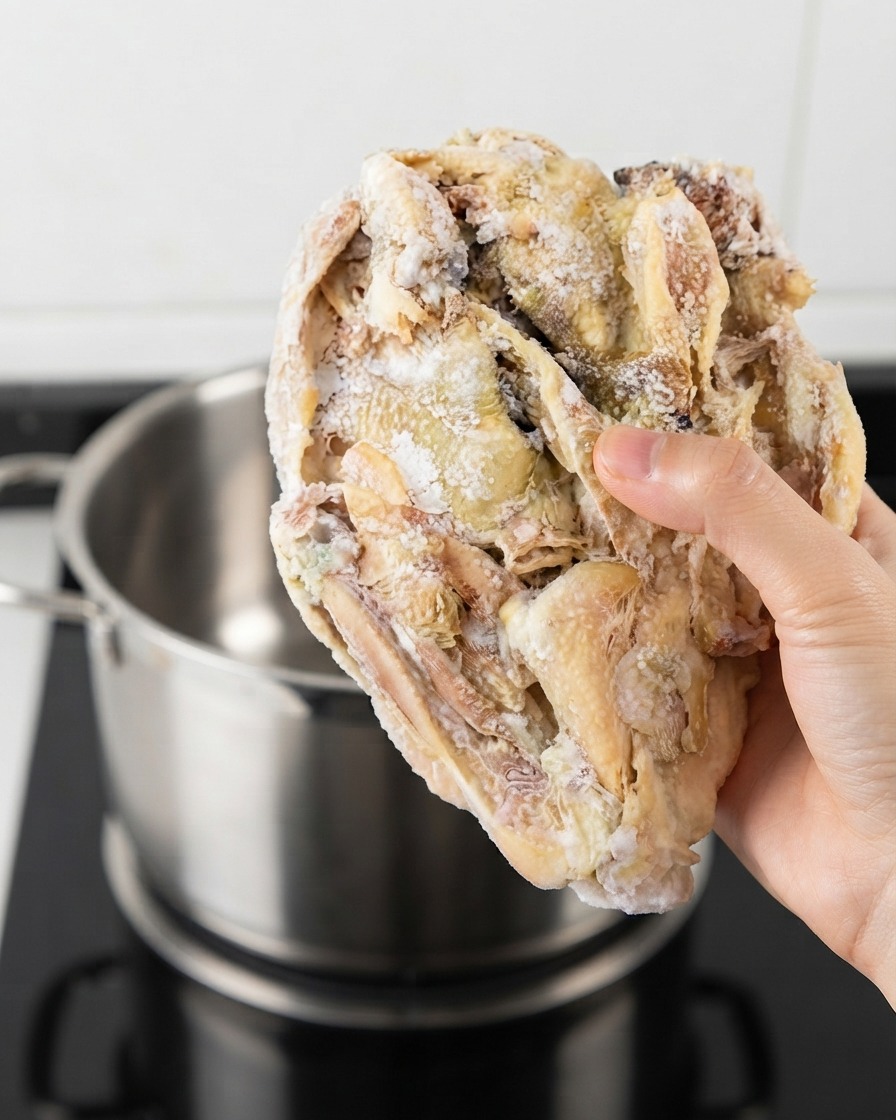 Eine Hand hält ein Stück gefrorenes pochiertes Hähnchen über einen Metalltopf auf dem Herd.