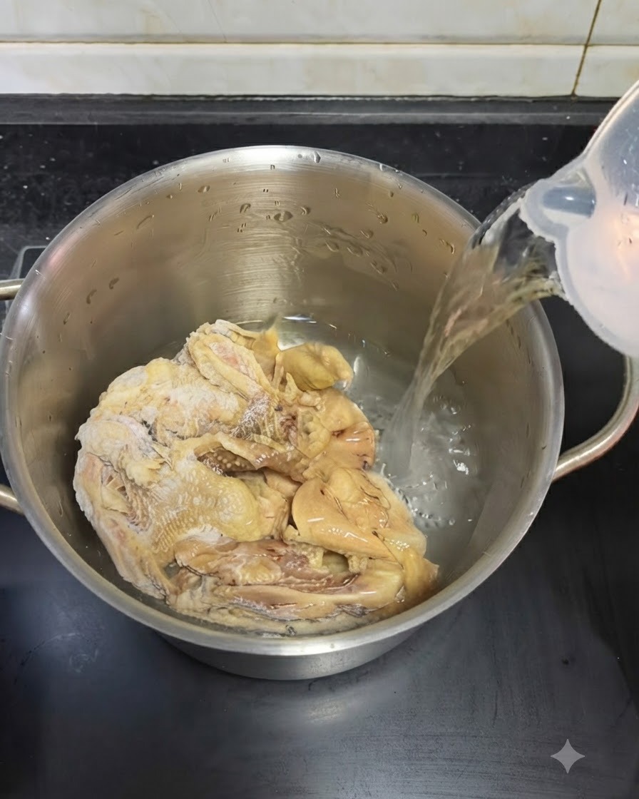 Wasser fließt aus einem Messbecher direkt in einen Metalltopf mit pochierten Hähnchenstücken.