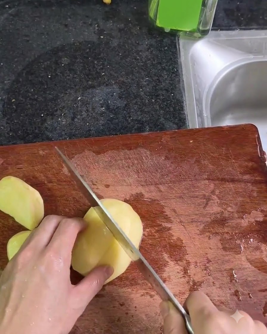 Eine Person schneidet geschälte Kartoffeln mit einem Küchenmesser auf einem Holzbrett.