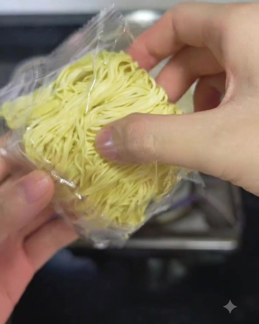 Eine Packung frische gelbe Wan-Tan-Nudeln wird über dem Topf geöffnet.