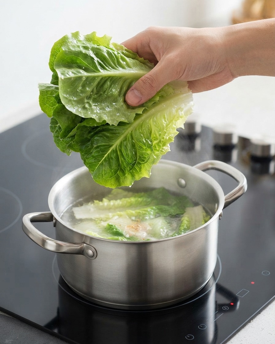 Frische grüne Salatblätter werden in den kochenden Nudeltopf gegeben.