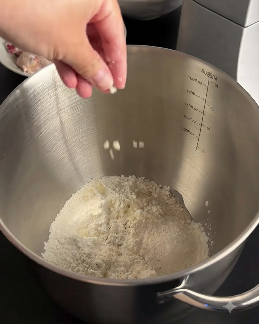 Eine Hand streut eine Prise Salz in die Rührschüssel mit Mehl und Wasser.
