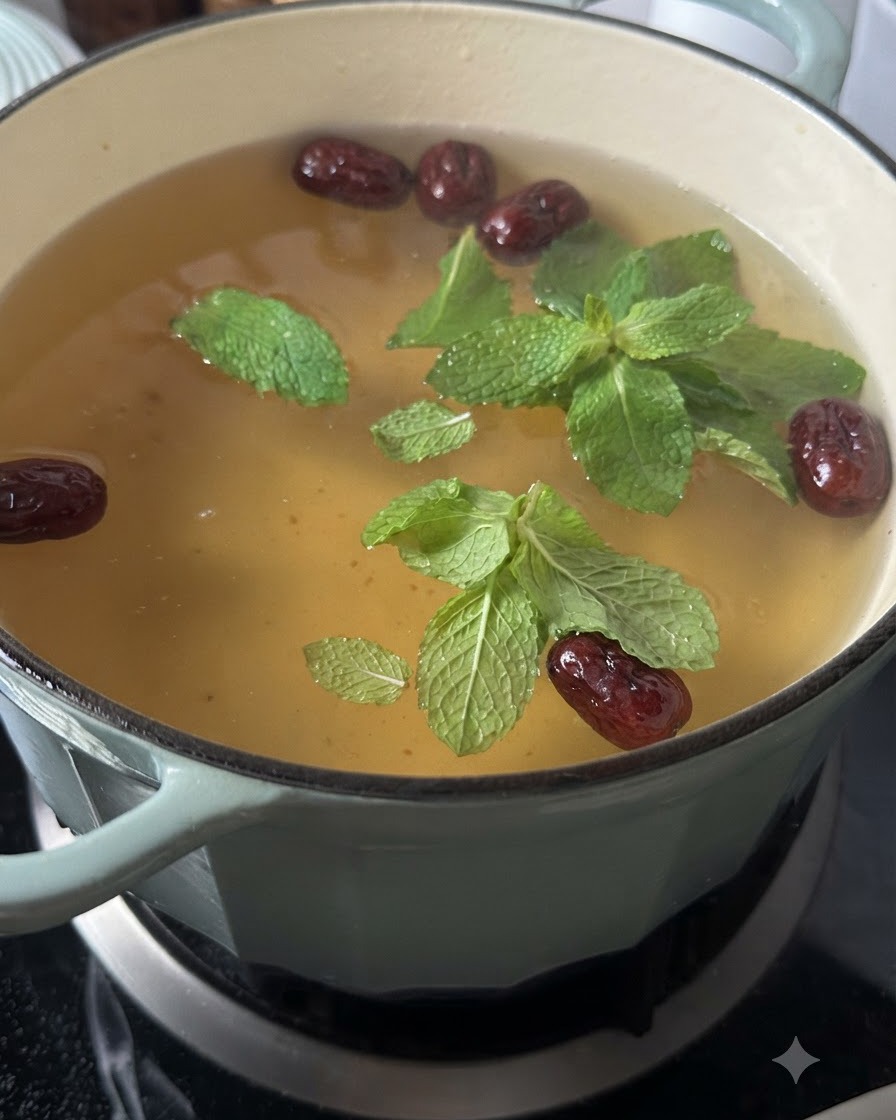 Frische Minzblätter schwimmen auf einem kochenden Hühnersuppentopf.
