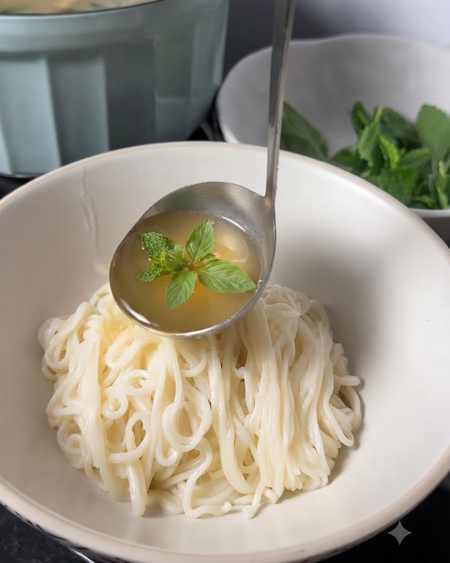 Eine Kelle gießt heiße Hühnersuppe mit Minze über Nudeln in eine Schüssel.
