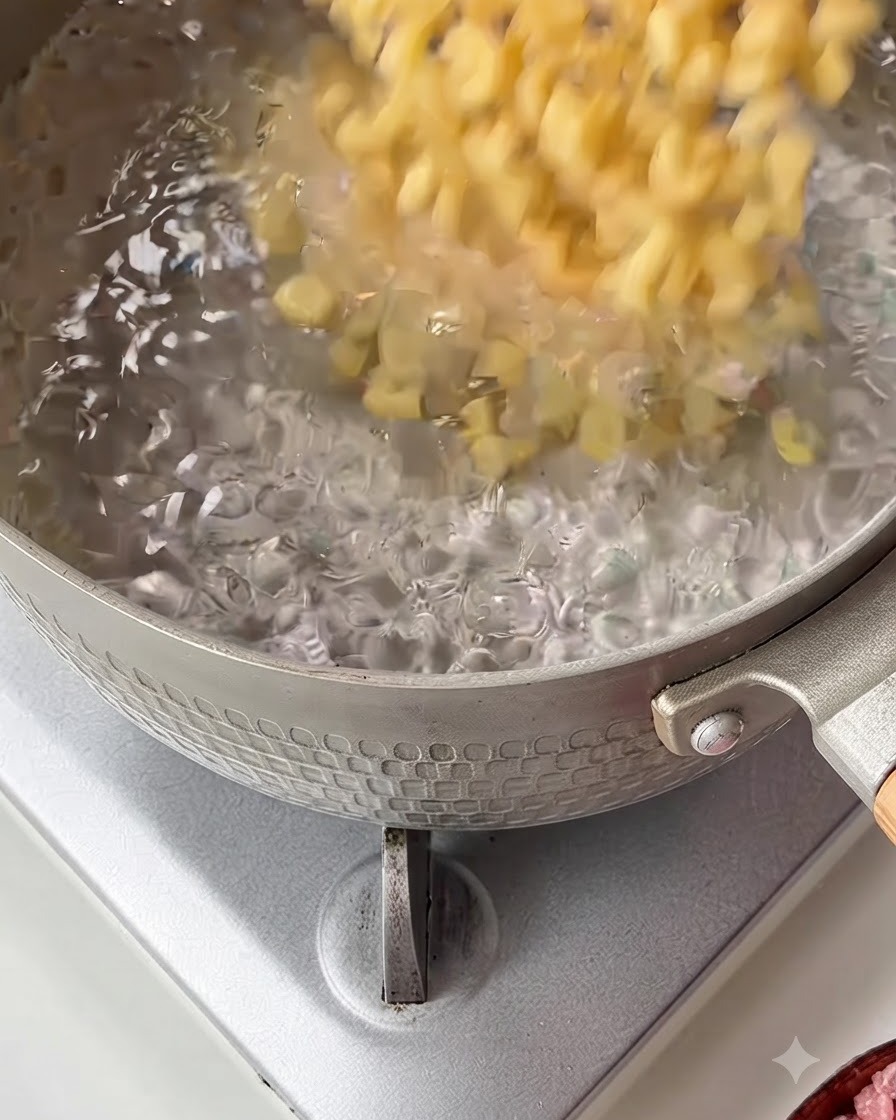 Pasta kocht in einem Topf mit heißem Wasser und aufsteigendem Dampf.