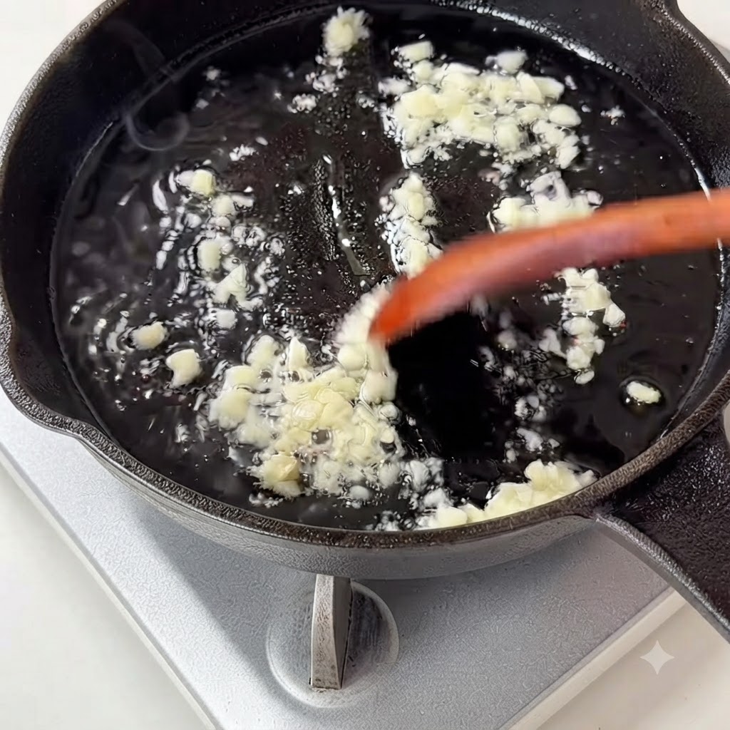 Gehackter Knoblauch brutzelt in heißen Öl in einer Pfanne und wird mit einem Löffel umgerührt.