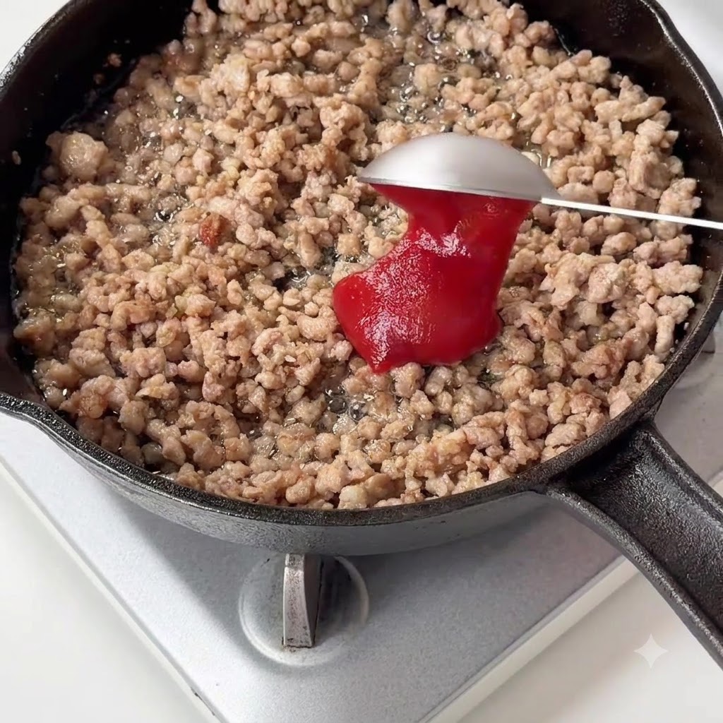 Tomatenmark wird in eine Pfanne mit gekochtem Schweinehackfleisch gelöffelt.