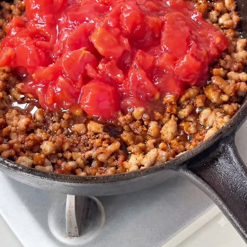 Frische gewürfelte Tomaten werden über die gekochte Hackfleischsauce in einer Pfanne gegossen.
