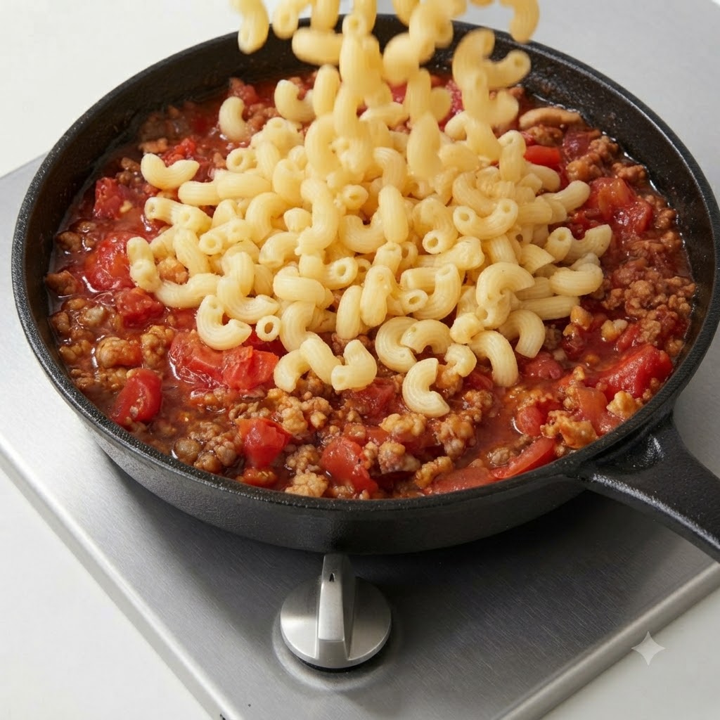 Gekochte Makkaroni-Pasta wird in eine Pfanne gefüllt, die mit einer reichhaltigen Tomaten- und Fleischsauce gefüllt ist.