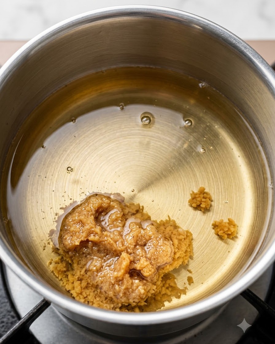 Miso-Paste wird mit einem Löffel aufgenommen und in die klare Brühe in einem Metalltopf gegeben.