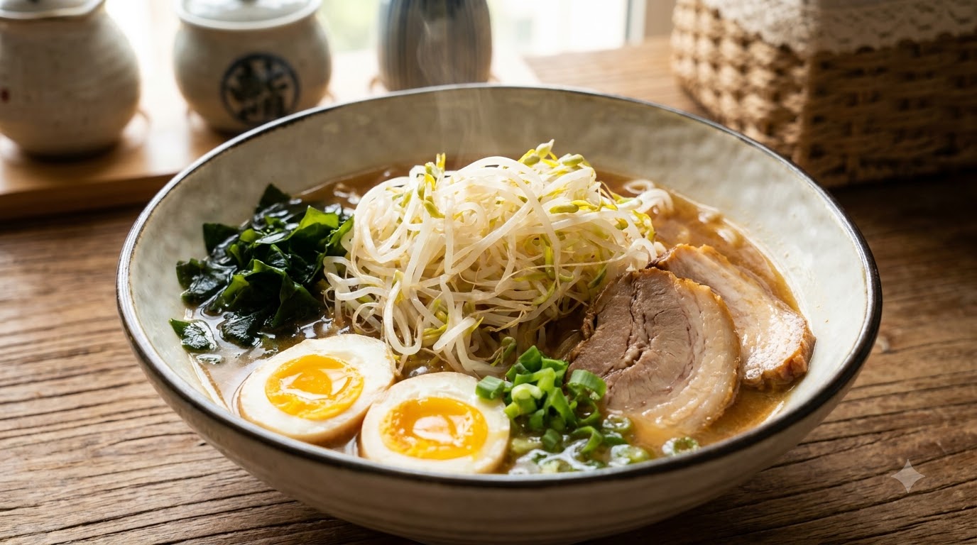 Eine Schüssel japanische Miso-Ramen, serviert mit Wakame-Seetang, Mungobohnensprossen und einem weichgekochten Ei
