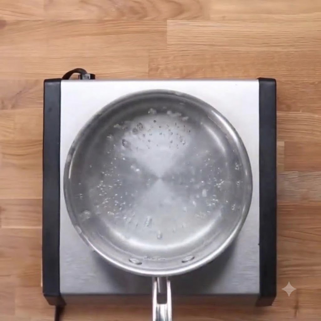 Ein Topf mit sprudelnd kochendem Wasser, in dem ein Ei liegt.