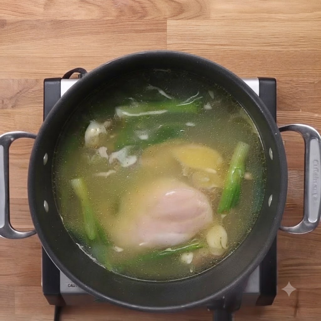 Hähnchenbrüste werden mit einer Zange in einen Topf mit kochender Suppe, grünen Zwiebeln und Aromaten gesenkt.