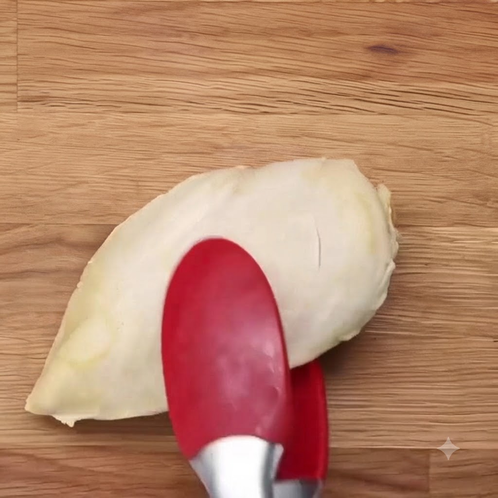 Eine gekochte Hähnchenbrust wird auf einem Holzbrett mit einer roten Zange festgehalten.
