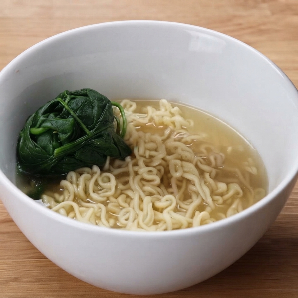 Blanchierter Spinat und gelbe Maiskörner werden in einer Schüssel mit Ramen angerichtet.