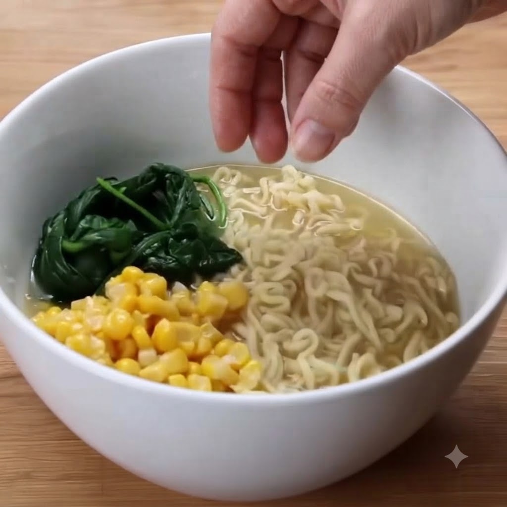 Eine Hand legt ein Bündel gekochten Spinat neben sautierten Mais in eine Schüssel mit Ramen.