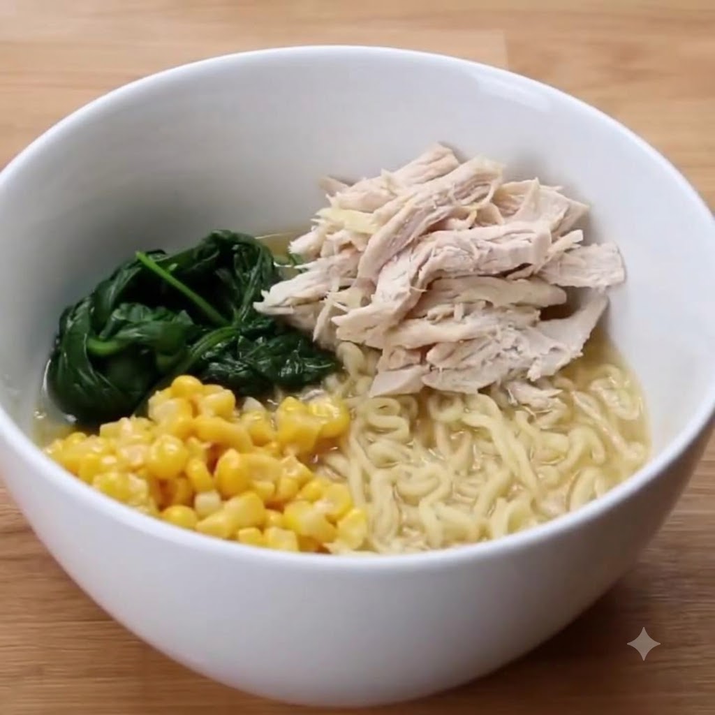 Ein Berg von gezupfter Hähnchenbrust ruht auf Ramen-Nudeln, Mais und Spinat in einer Schüssel.