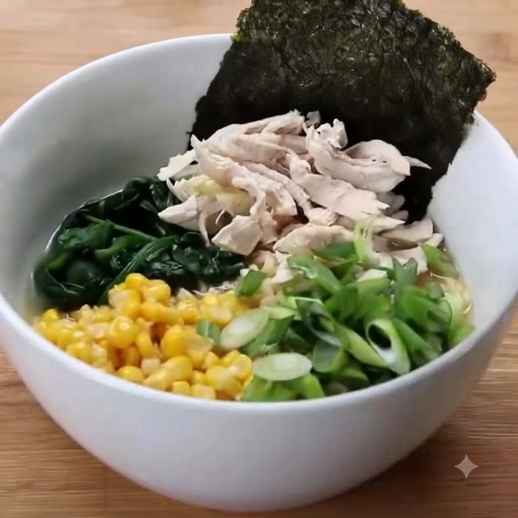 Ein halbiertes weichgekochtes Ei wird neben gezupftem Hähnchen, Spinat, Mais, Frühlingszwiebeln und Nori vorsichtig auf die Ramen-Schüssel gelegt.