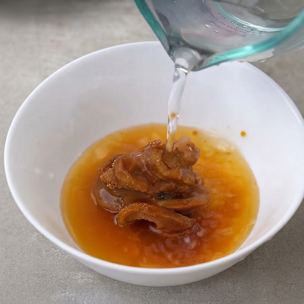 Wasser wird in die Schüssel mit Miso-Paste, Zucker und Sojasauce gegossen.