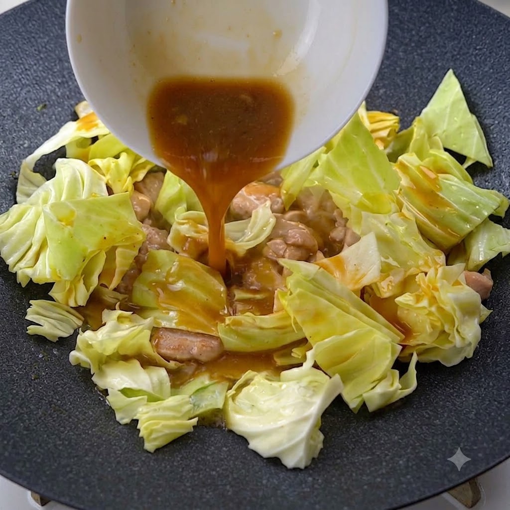 Miso-Suppenflüssigkeit wird aus einer weißen Schüssel über Hähnchen und Kohl gegossen.